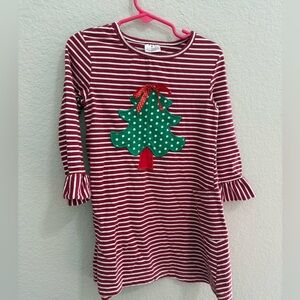 Red and White Striped Dress with  Appliqué Christmas Tree Design Size 3T